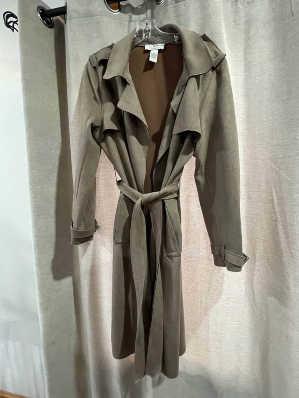 Taupe Suede-Style Belted Trench Coat